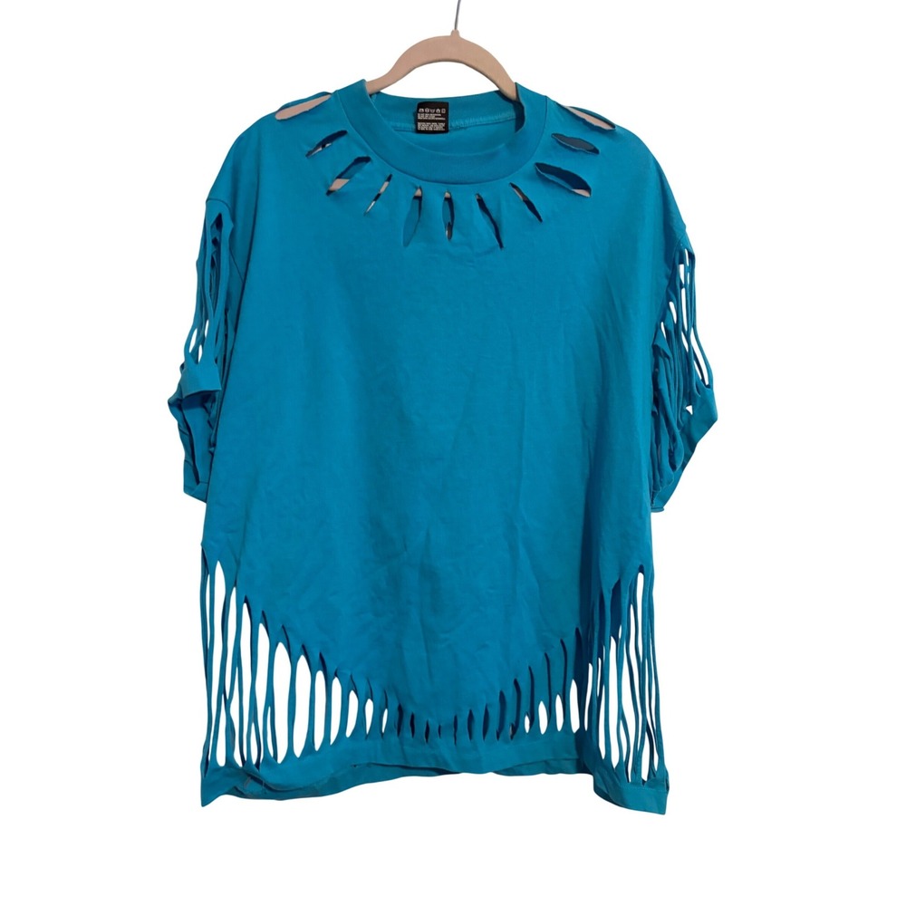 Retro Vintage T-Shirt Distressed Fringe Turquoise Blue Cutout Punk XL